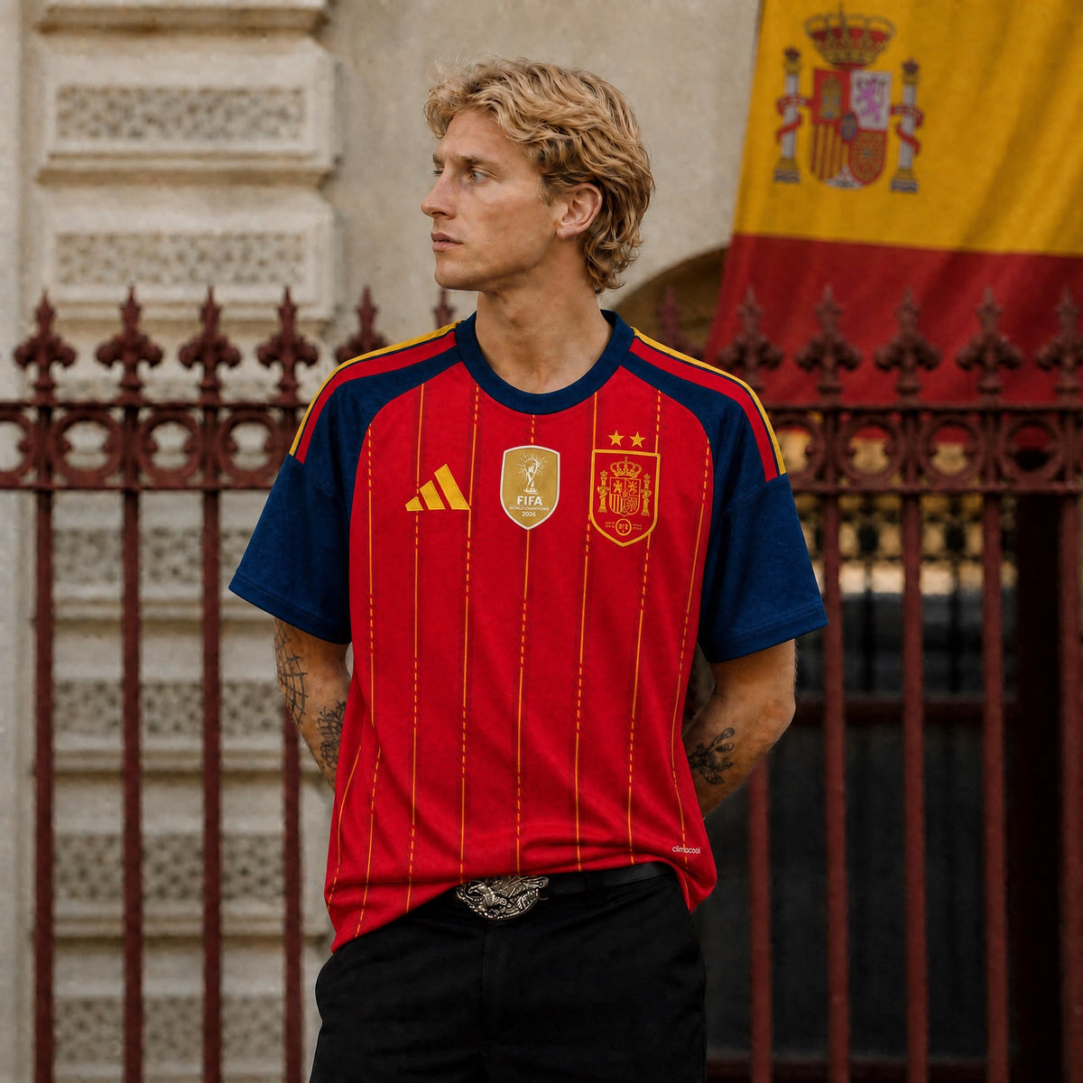 Modello che indossa la Maglia Home Spagna Vittoria Mondiali 2026 durante un servizio fotografico.