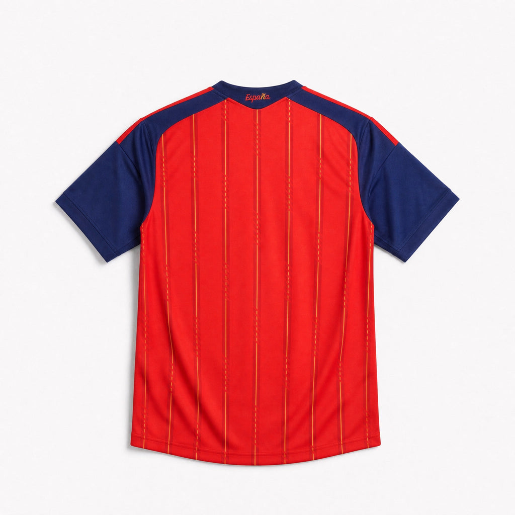 Retro della Maglia Home Spagna Vittoria Mondiali 2026 con maniche blu e finiture rosse.