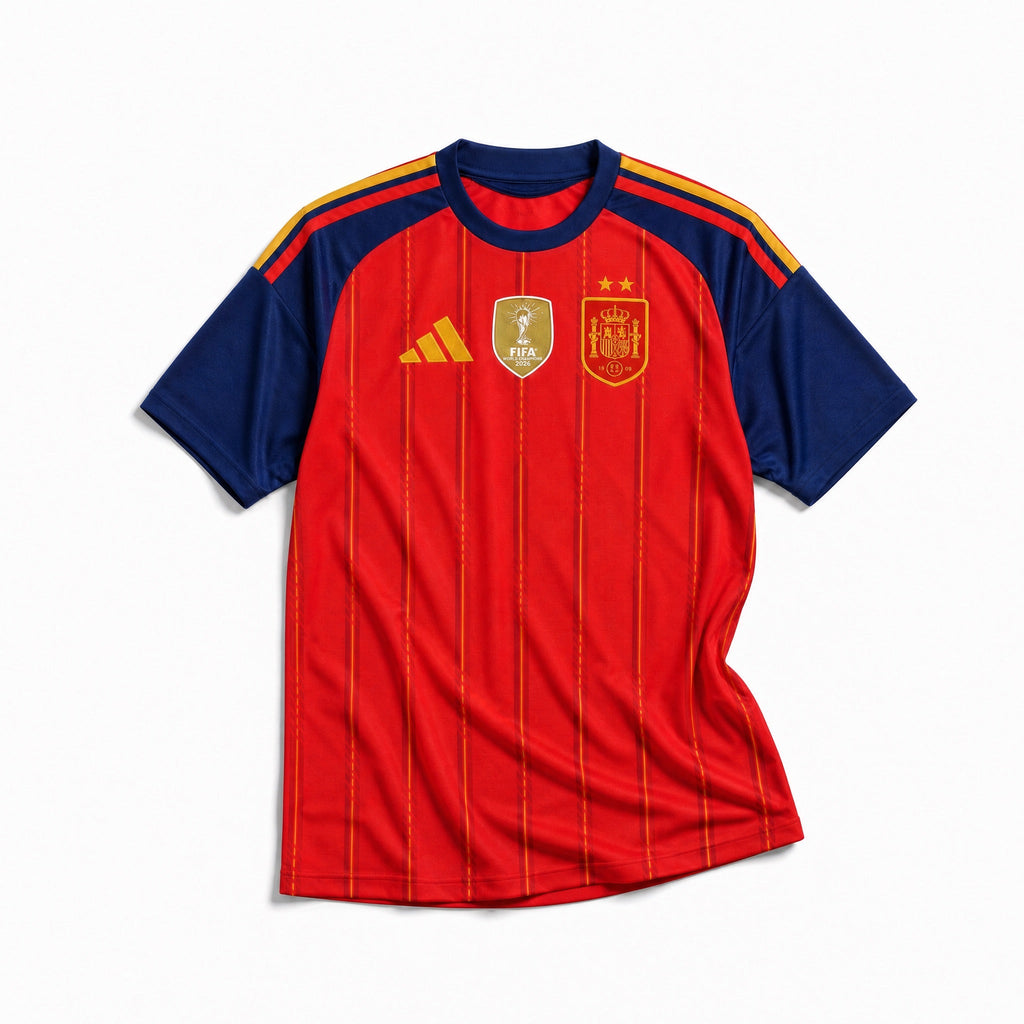 Maglia Home Spagna Vittoria Mondiali 2026 vista frontale con righe verticali rosse e dettagli blu.