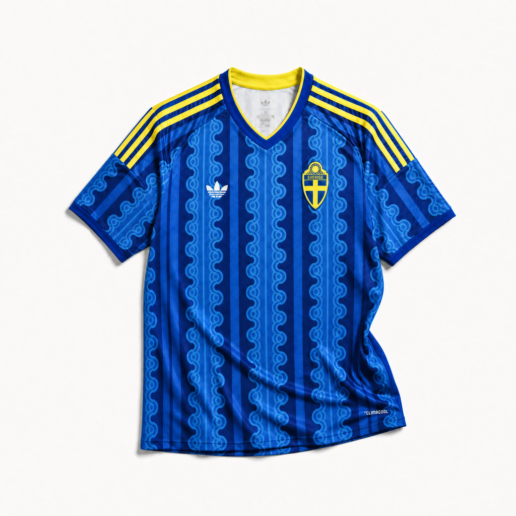 Svezia maglia away 2026 World Cup vista frontale design minimal scandinavo
