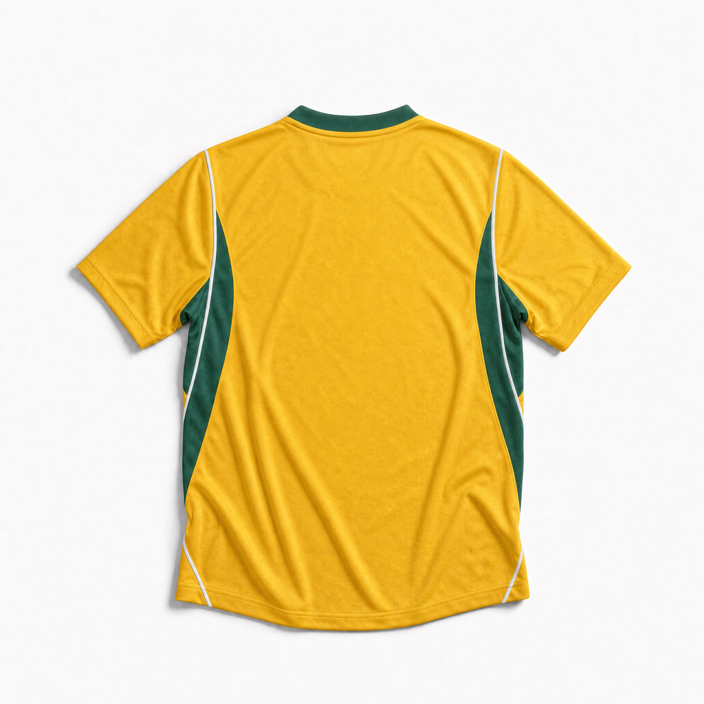 Vista posteriore della prima divisa australiana 2026 gialla e verde con colletto bicolore sportivo
