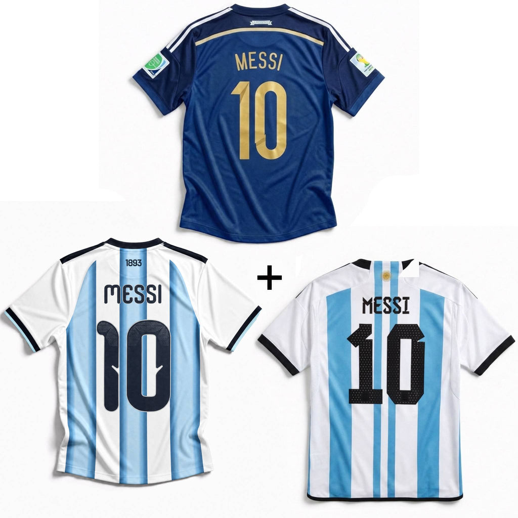 Maillot Messi Argentine extérieur Finale de la Coupe du monde 2014 + Maillot Messi Argentine domicile 2022 Vainqueurs de la Coupe du monde + Maillot Messi Argentine domicile Coupe du monde 2026