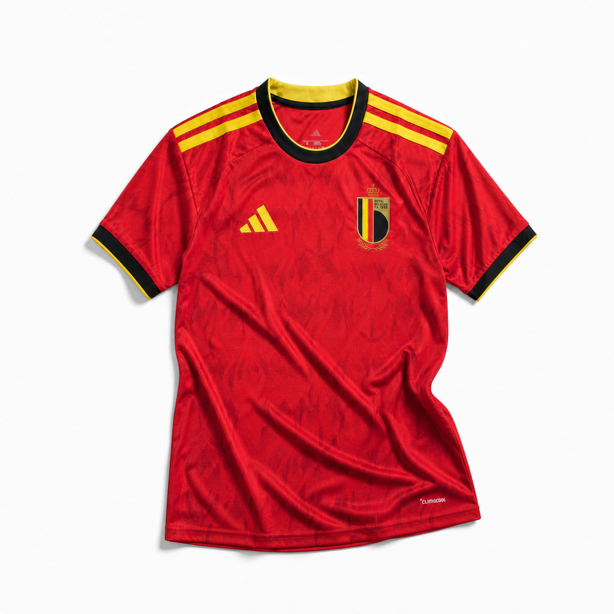 Maglia Belgio Home 2026 World Cup rossa vista frontale design moderno dettagli gialli
