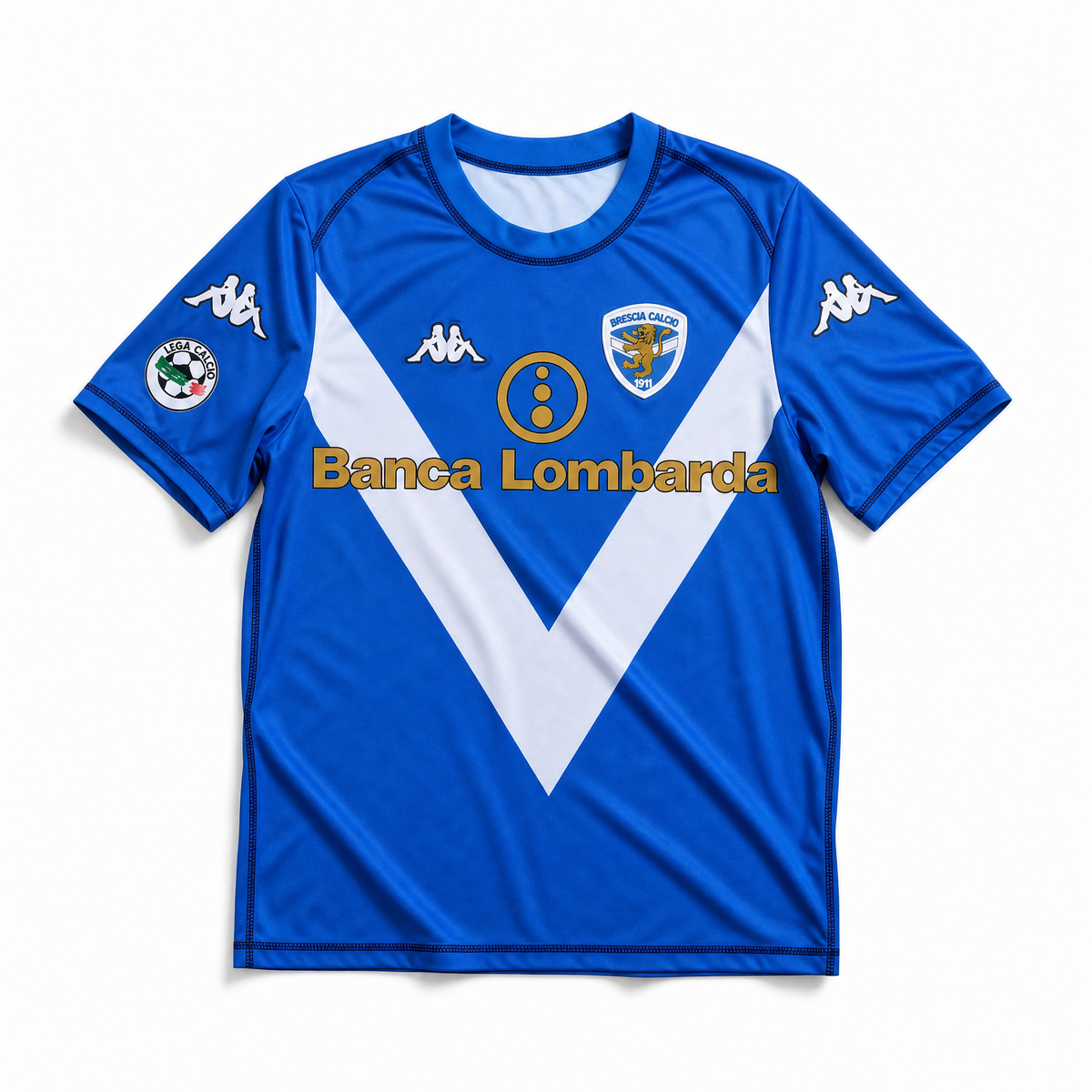 Fronte kit home Brescia 2003/04 con iconica V bianca e stemma del club.