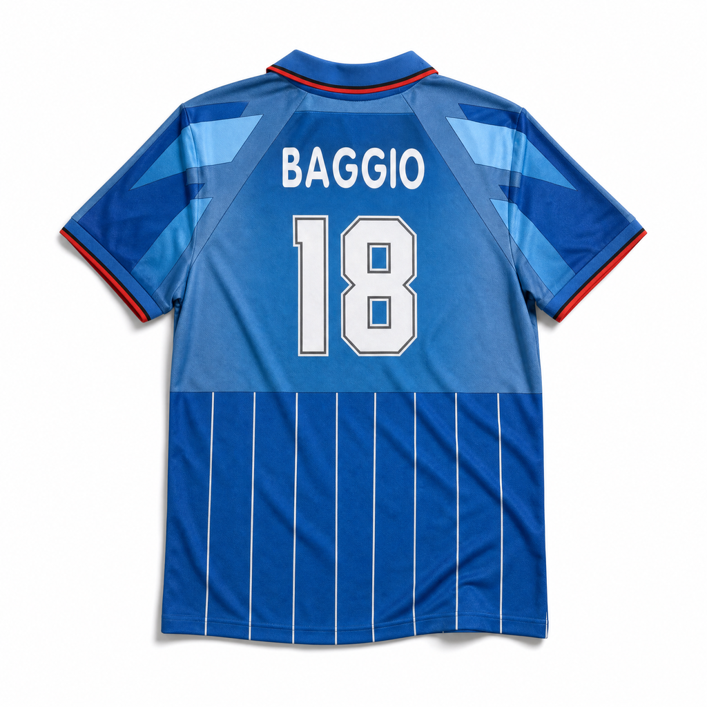 Retro maglia blu Milan 1995/96 numero 18 Baggio con dettagli bianchi e rossi.