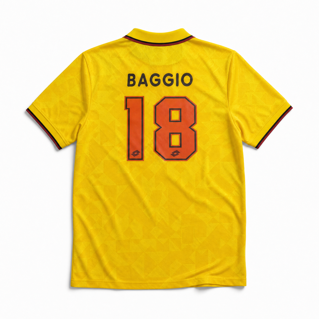Retro maglia Milan Baggio 1995/96 numero 18 su sfondo giallo vintage.