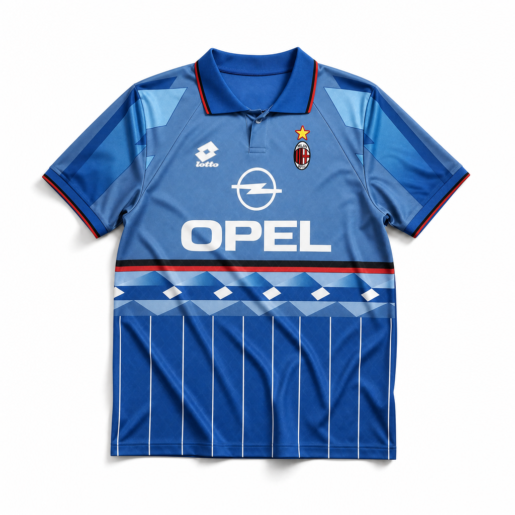 kit vintage blu Milan 1995/96 con colletto a polo e trame verticali.